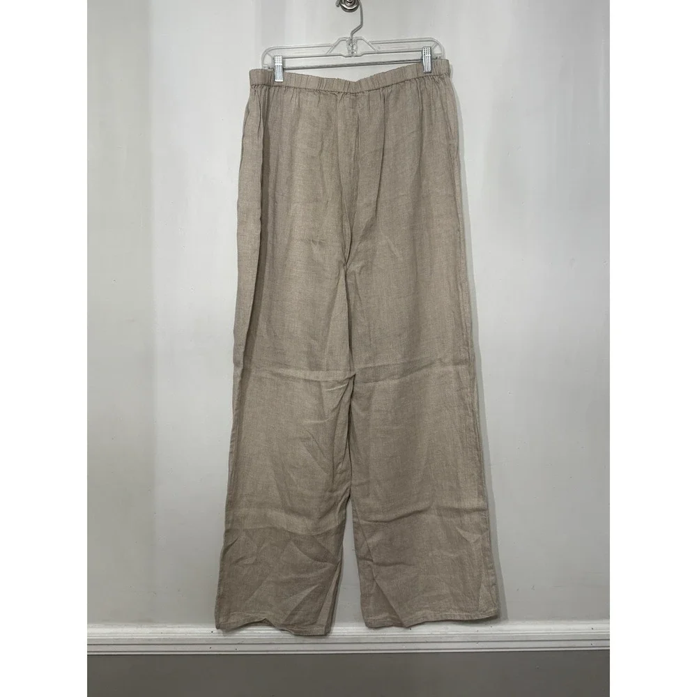 FLAX 100% Linen Pants Wide Leg Elastic Waist Oatmeal Minimal Neutral Boho Large